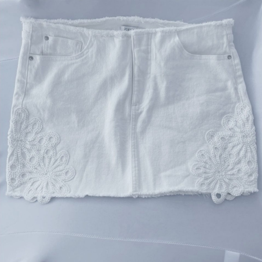 Guess white denim mini skirt with floral embroidery Eco Wrenley Denim Mini Skirt